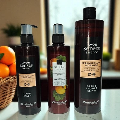 Avon Senses Essence 3 teiliges Hand Seife Lotion Duschgel Orange Geranium frisch