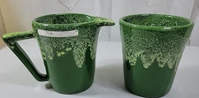 VTG MCM WINART Art Pottery Open Sugar & Creamer Set Green Drip Glaze Signed