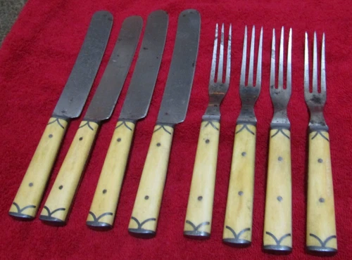 Antique Civil War Era Bone Handled w/ Pewter Inlay Fork & Knife 8 pc Set