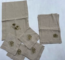 Ecru Tan Linen Dining Table Set Placemats, Runner, Napkins Embroidery Set Of 9