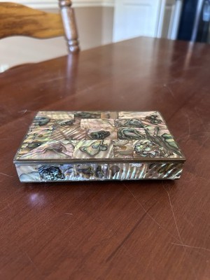 Vintage Abalone Shell Inlaid Mosaic Brass Trinket Box Made in Mexico