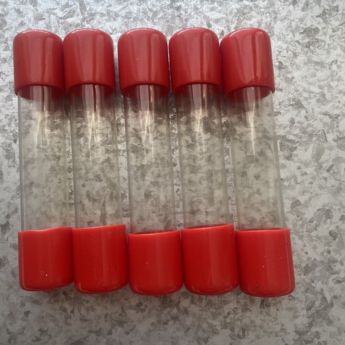 5 CLEAR RIGID PLASTIC STORAGE TUBES - RED CAP BOTH ENDS OPEN 5"x3/4"
