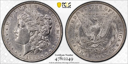 1886 P $1 MORGAN SILVER DOLLAR PCGS AU53 Protected by Gold Shield & TrueView