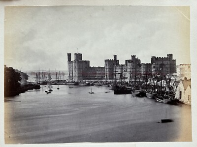 UK Caernarfon Castle Sailboats Wales Vintage Albumin Photography