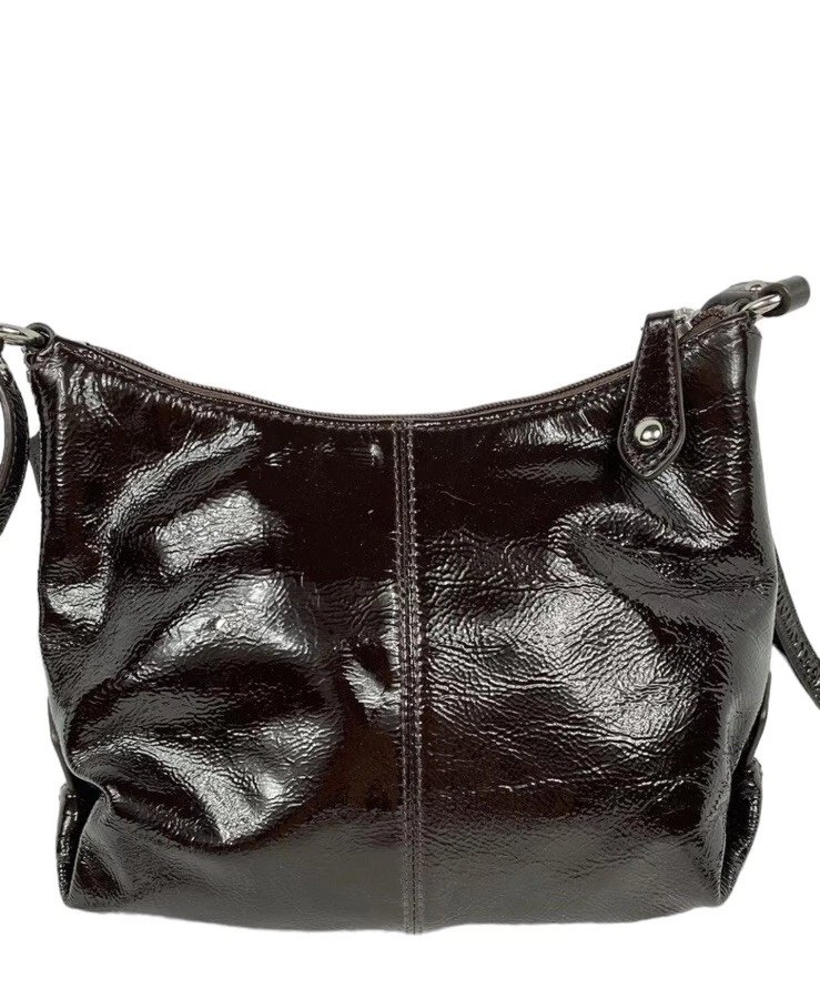 Borsa a tracolla Coach Patent lucida liquida borsa marrone cioccolato