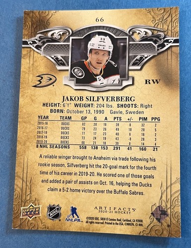 2020-21 Artifacts Blue Sapphire Parallel #66 Jakob Silfverberg Ducks #192/499 - Picture 2 of 2