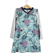 TEA Ruffled Details Blue Floral Gray Long Sleeves Dress 6
