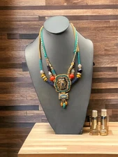 ￼￼￼ Vintage Necklace Boho Bohemian  17” Leather Beaded Colorful Multi Strand Bib