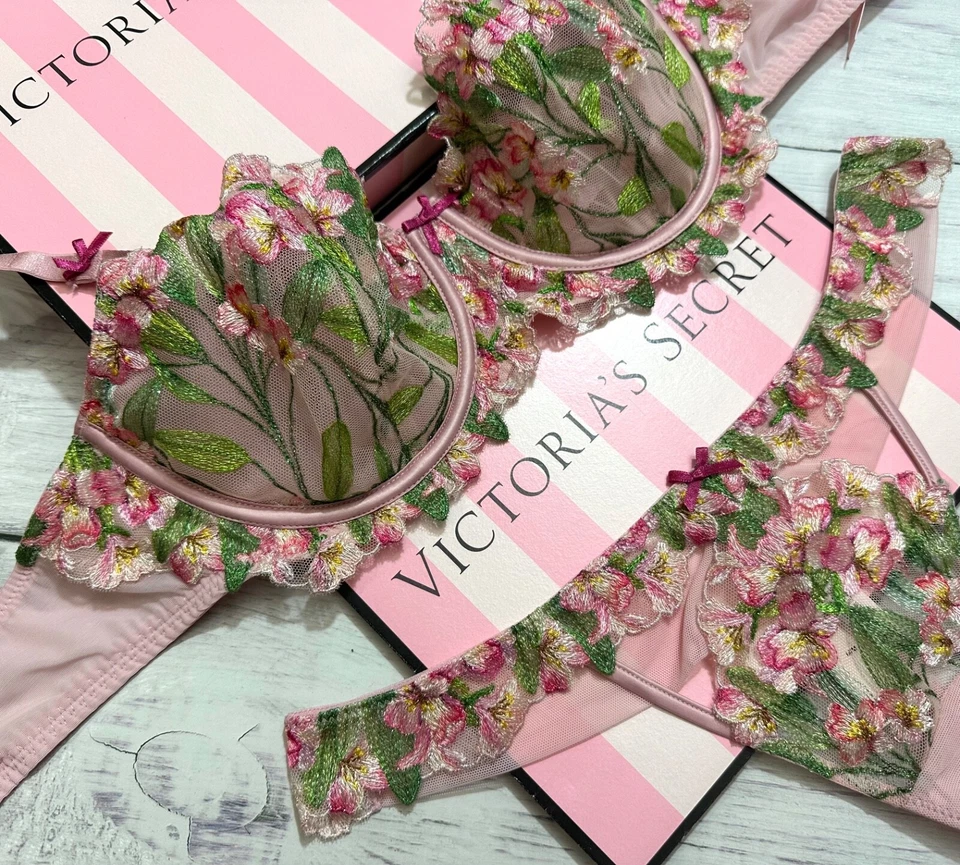 Victoria’s Secret Tiza Rosa Bordado Malvado Sin Forro Balconette Sujetador Tanga Conjunto Foto 3 de 4