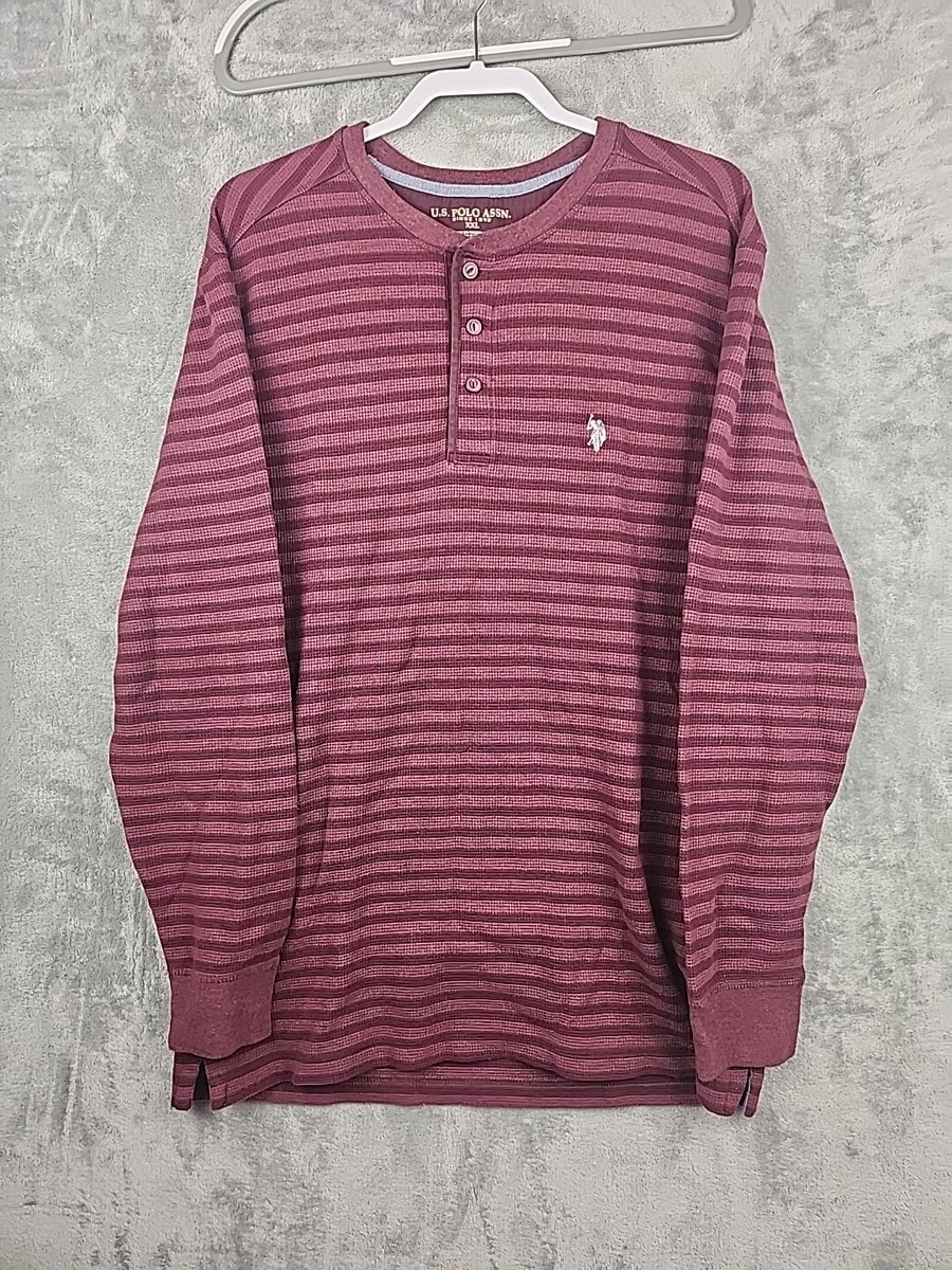 Us Polo Assn Mens XXL Red Maroon Striped Henley Long Sleeve