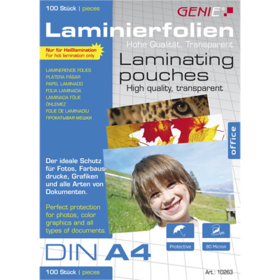 100 St. Genie Laminierfolien DIN A4  80 Micron für Dokumente und Fotos