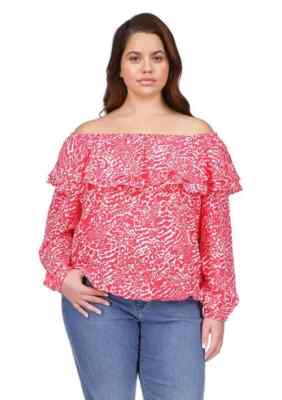 Michael Kors Women's Plus Size Ocelot Ruffle Top, Deep Pink, Sz-1X