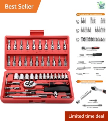 Complete 46-Piece Auto Repair Socket Set: Ratchet Wrench with Storage Case