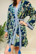 Indian Blue Leopard Cotton Robe Short Kimono Sleepwear Night Suit Kimono Robe US