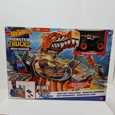 Hot Wheels Monster Trucks Arena Smashers Tiger Shark Spin-Out Challenge New Set