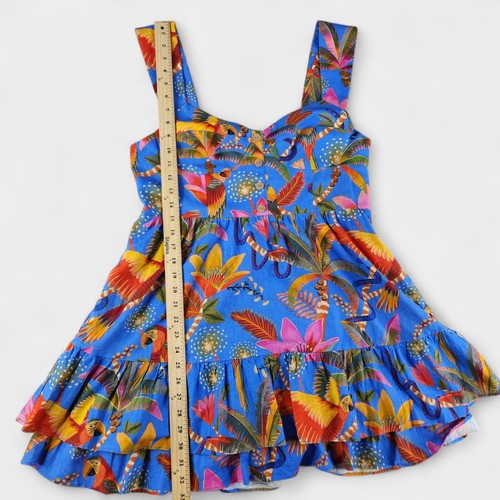 Farm Rio Macaw Party Mini Dress Women's Large Blue Tropical Print Linen Blend - Picture 11 of 18
