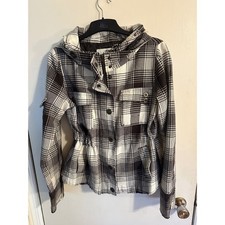 BB Dakota Plaid Hooded Utility Jacket Women's Size L Wool Blend Brown White