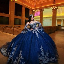 Custom Navy Blue Quinceanera Dress Ball Gown Silver Lace Applique Beading Corset