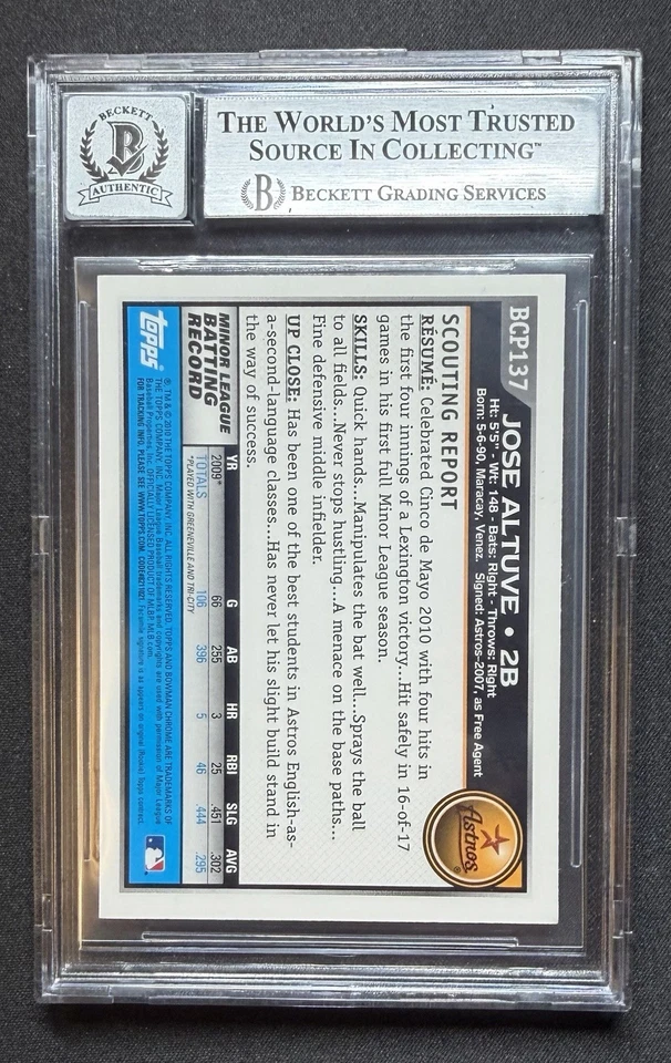 2010 年 Bowman Chrome Prospects Jose Altuve 亲笔签名 #BCP137 Beckett BAS 10 签名 — 第 2/2 张图片