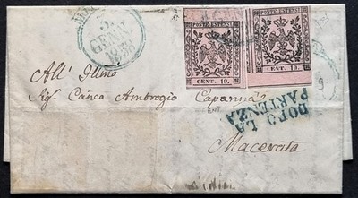 ASI Modena 1858 letter with two 10c pink Sass. 9 with interspace - cert. Diena
