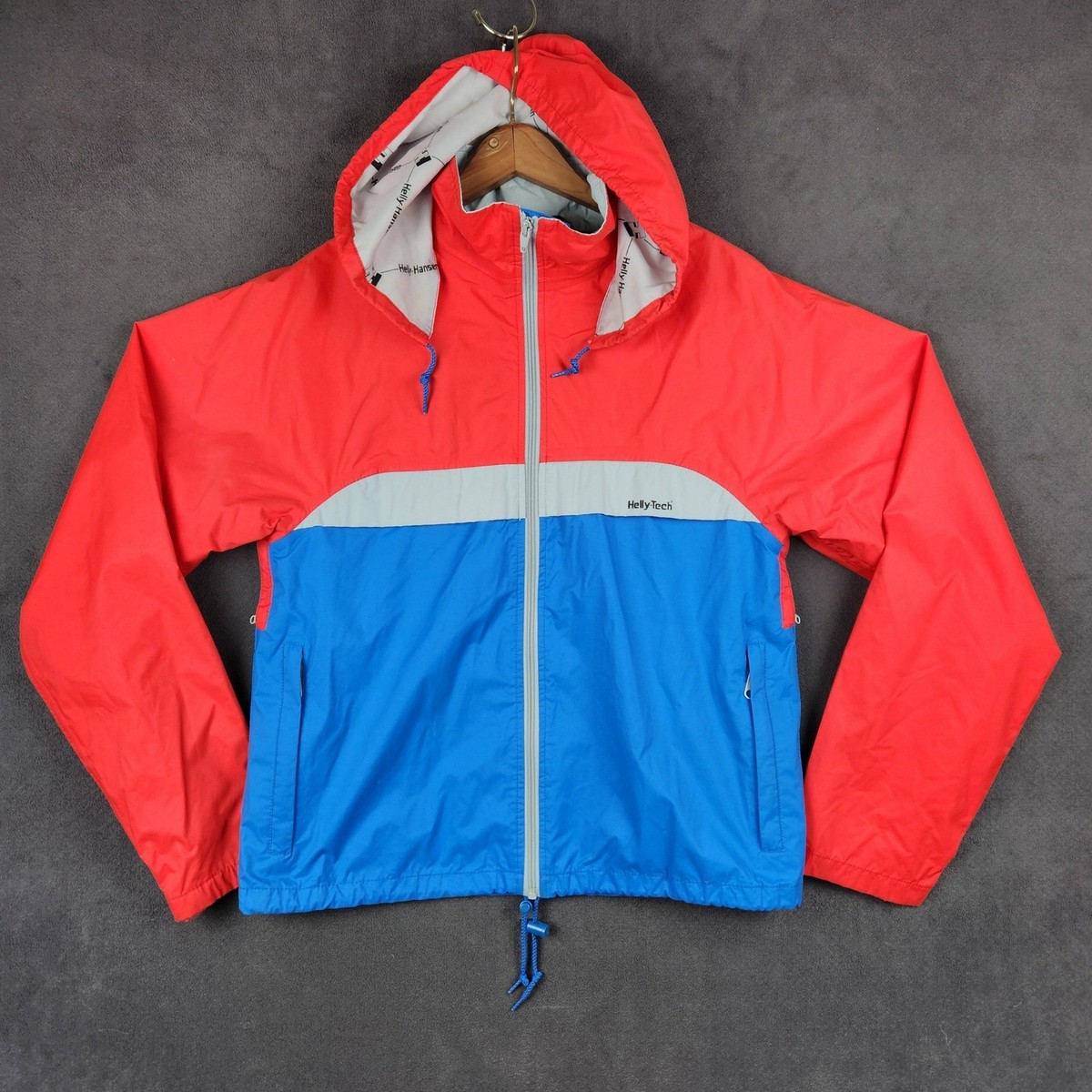 Vintage Helly Hansen Jacket Mens Small Red Blue Tech Hooded Rain