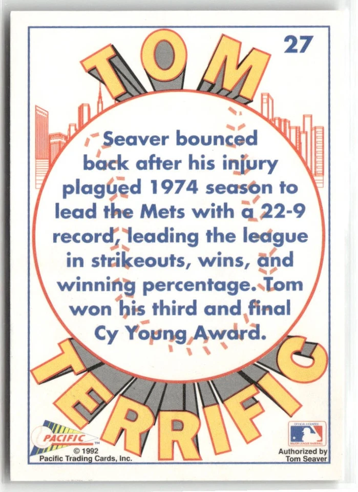 1992 PACIFIC TOM SEAVER #27 TOM SEAVER NEW YORK METS - Image 2 of 2