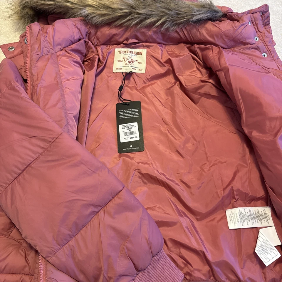 True Religion Horseshoe Logo Fur Trim Puffer Jacket  Mauve Wood Sz Medium  - Image 3 of 3