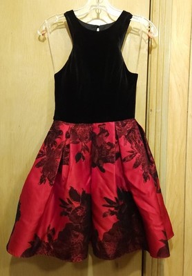 Tweeze Me Dress Size 3/4 Bkack Velvet Top Red Satin Skirt Flocked Flowers 