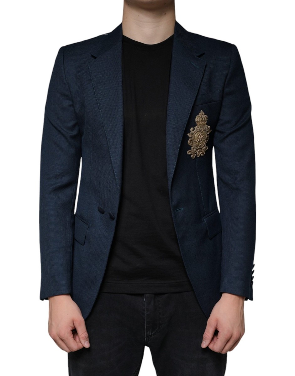 【送料&関税込】Dolce & Gabbana Embroidered Stretch Wool Dolce & Gabbana Blue Wool Logo Single Breasted Coat Men's