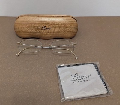 Lunor XX German Vtg Rectangular Wire Eyeglass Frames With Wooden Case & Cloth