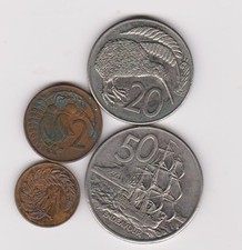 NEW ZEALAND LOT OF COINS 50C-1979, ENDEAVER, 20C 1986, 2C-1971, 1C-1986 CIRCULAT