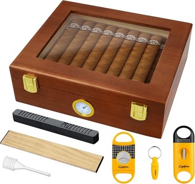 Cigar Humidor Box Glass Top w/ Hygrometer Humidifier Cutter 20-30