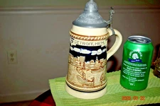 Antique German Beer Stein, River Front, Detroit Michigan, Pewter Lid, Circa 1900