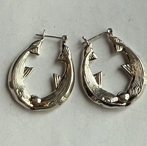 Vintage Dolphin Earrings 925 Sterling Silver Door Knocker 80s Bamboo Hoop Chunky