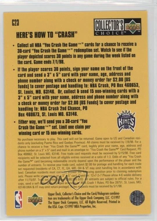 1997 Collector's Choice You Crash the Game Mitch Richmond (December 8-14 1997) - Image 2 of 2