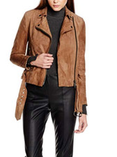 Muubaa Womens Seaton Taupe 100% Goat Suede Belted Biker Jacket Size 10