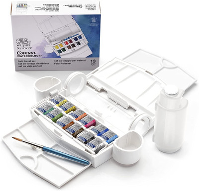 Cotman Watercolor Paint Set, Field Travel Set, 12 Half Pan W/ Brush, Mixing Pale