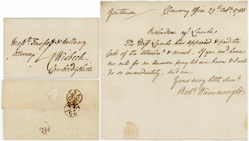 1780 LETTER WAINEWRIGHT to FAWSSETT BELLAMY WISBECH CAMBRIDGE re COST OF ARREST - 第 1/4 張圖片