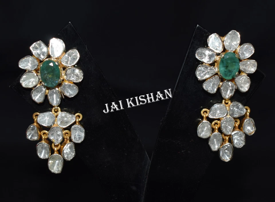 Unschliffene Polki-Diamant-Ohrringe Aus 925 Sterling Silber Mit Smaragd Schmuck - Bild 4 von 4