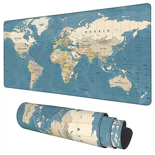 Vintage Blue World Map Desk Mat - Extra Large Gaming Mouse Pad-image
