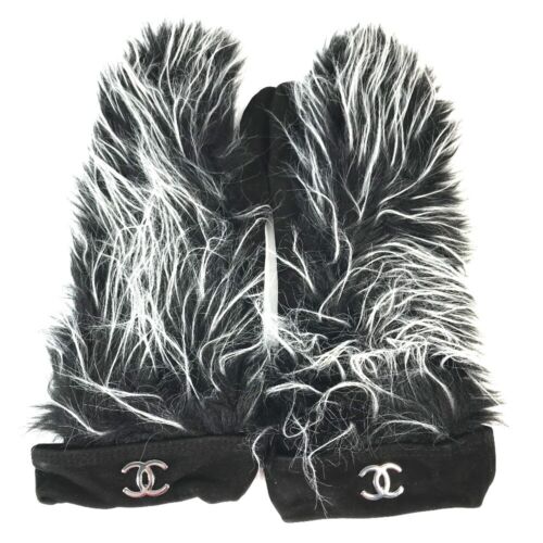 CHANEL mitten type CC CC Mark fur gloves Glove Nubuck Black/WhiteBased - Picture 1 of 12