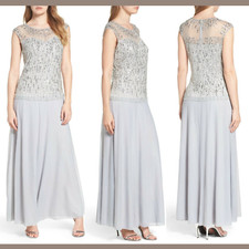 NWT Pisarro Nights Embellished Mesh Chiffon Gown in Silver SZ 6 N890