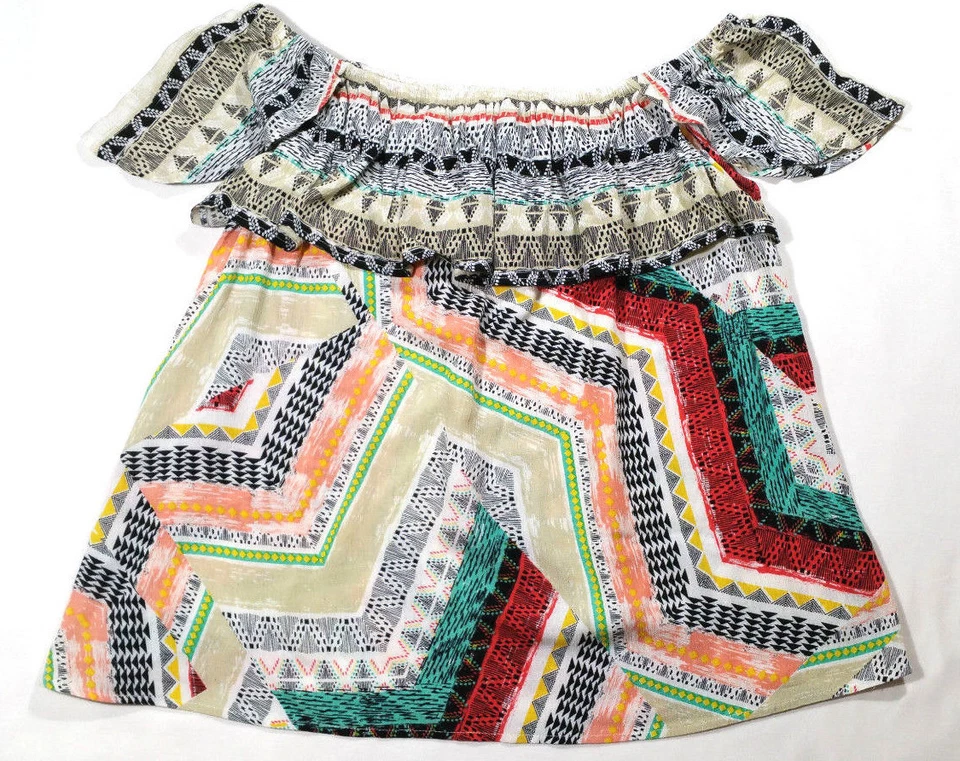 American Rag Cie Women Sz Small Top Blouse Printed Woven Off The Shoulder Ruffle - image 3 of 4