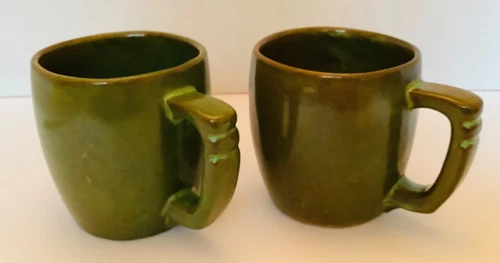 Vintage Pair Frankoma Pottery Prairie Green Plainsman 4” Mugs Circa 1980