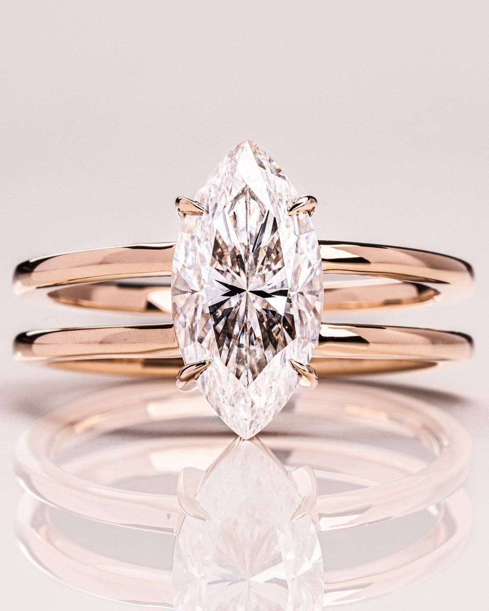 Marquise Double Band Moissanite Engagement Ring 14K Rose Gold