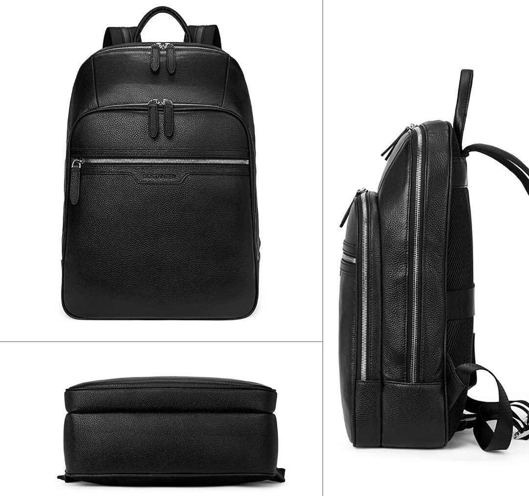 BOSTANTEN Men Pebbled Leather Backpack 15.6 inch laptop Travel College Black 