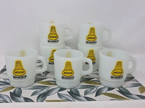 Set Of 7 Vintage Anchor Hocking Milk Glass Midas Brakestop Advertising Mugs