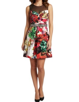 Ricki Freeman For Teri Jon Multicolor Floral Sequence Belted Party Dress Size 6