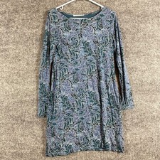 Peruvian Connection Dress Womens XS Blue Pima Cotton Long Sleeve Floral Tropical