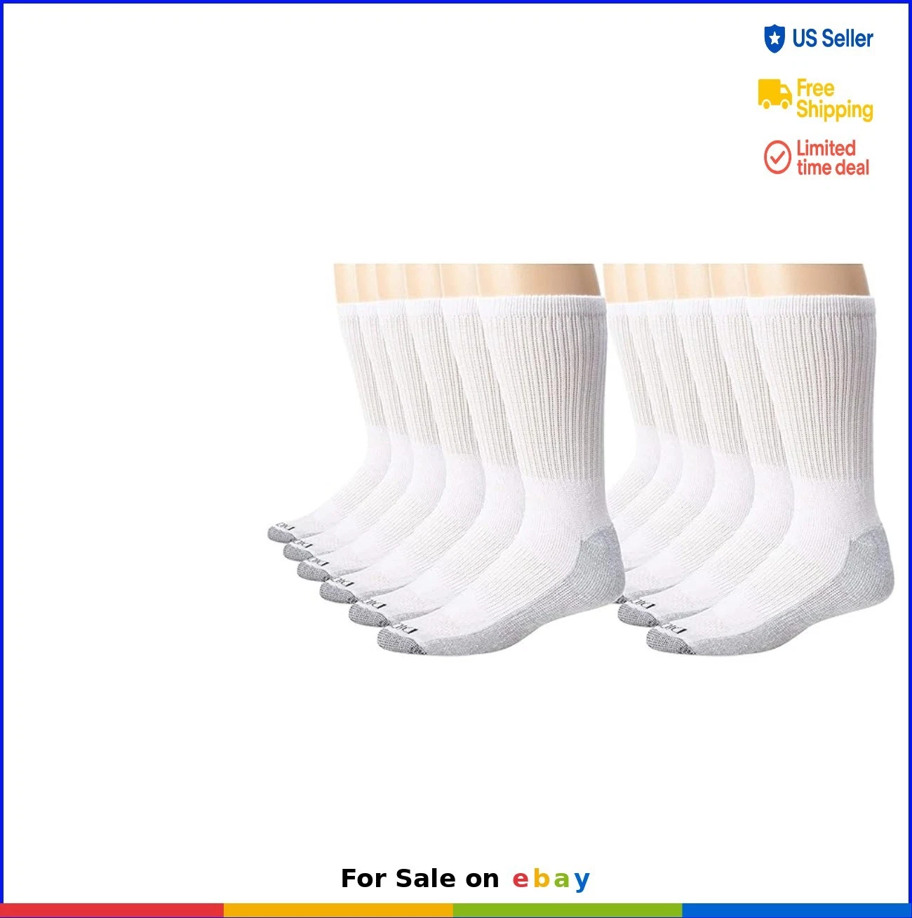 Men's Athletic Crew Socks Moisture Wicking 12 Pair Multipack White Large